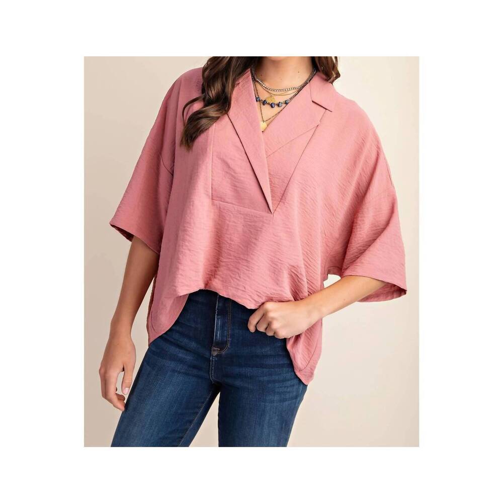 NEW STYLE USA v-neck collared pop over top in dusty pink